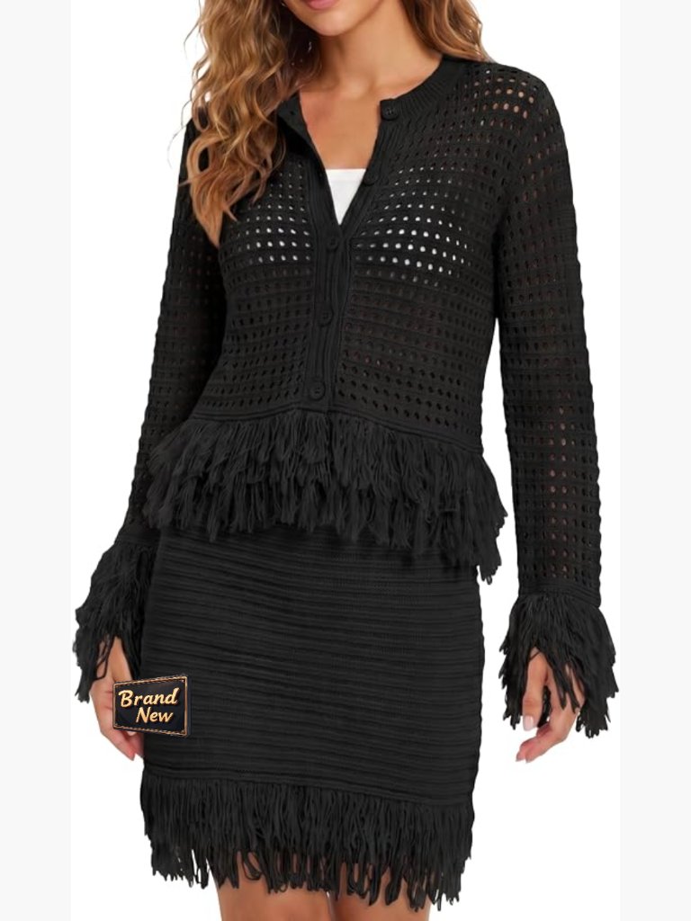 Crochet Knit Cardigan & Mini Skirt Set 2 Piece Vacation Outfit Long Sleeve Pull